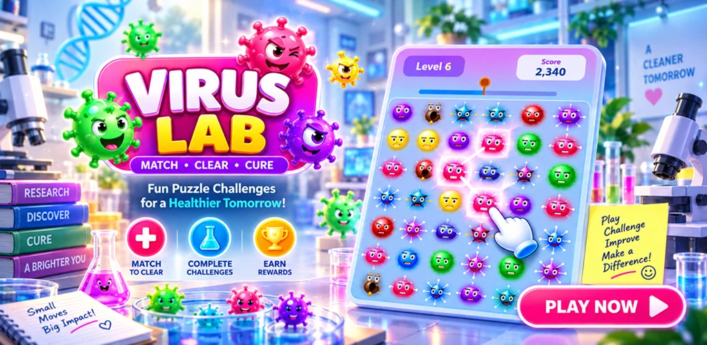Virus Lab: Match & Cure key art — match, clear, cure
