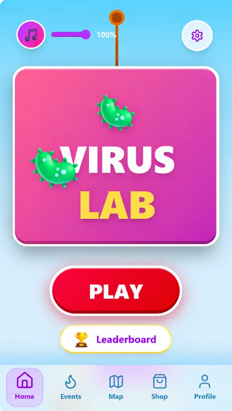 Virus Lab main menu with the play button, leaderboard and bottom navigation
