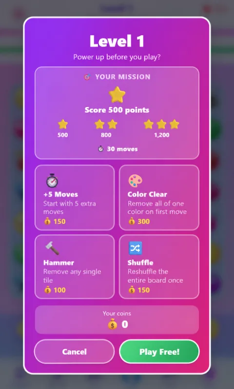 The pre-level screen showing the mission, star targets and the boosters available to equip