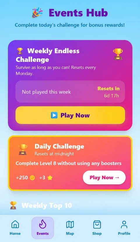 Events hub with the weekly endless challenge, the daily challenge and the weekly top ten
