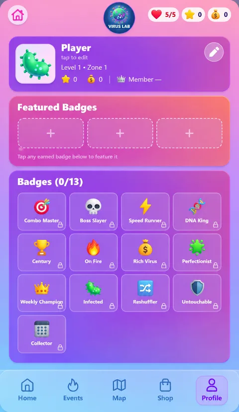 Player profile showing featured badges and the full badge collection