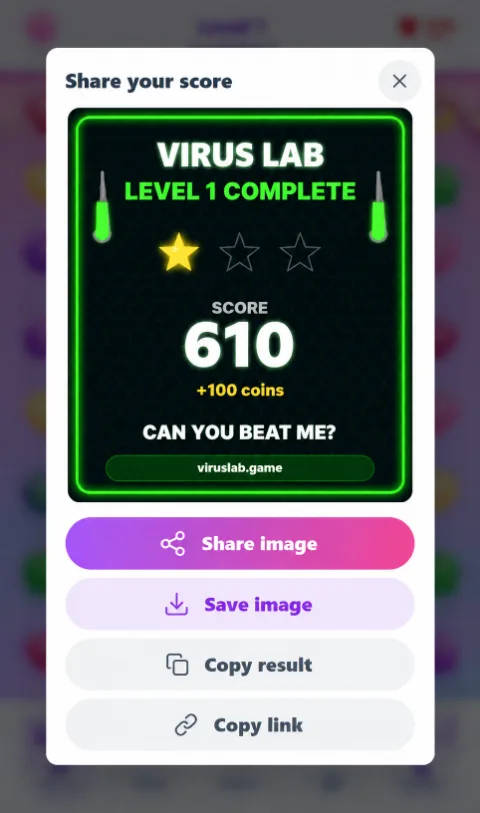 The share card generated after completing a level, showing stars and score